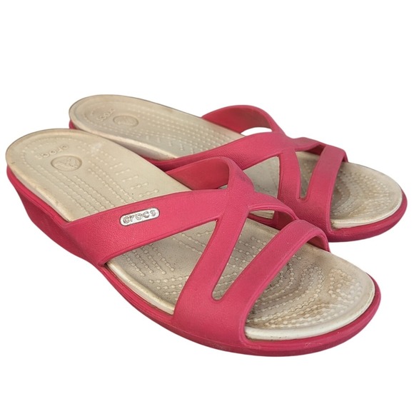 CROCS Shoes - Crocs Women's 7 Used Pink Strappy Low Wedge Heel Slip On Sandals